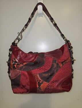 COACH F14005 Patchwork Carly Red Leather Suede Jacquard Signature Shoulder Bag *